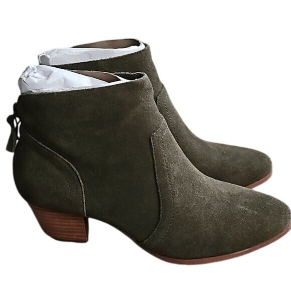 Violet & Red Suede Cupid Bootie Size 6.5 New Leather Block Heel Olive Green - Picture 4 of 9